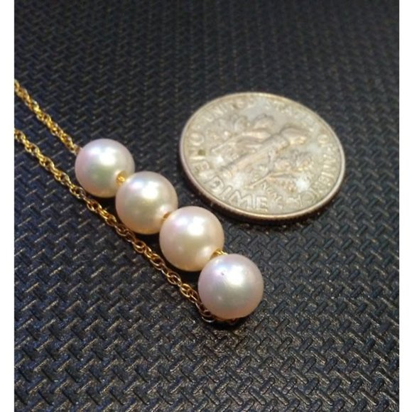 Solid 14K Yellow Gold Four Natural Round White Pearls Necklace 16"-19" - Picture 3 of 11